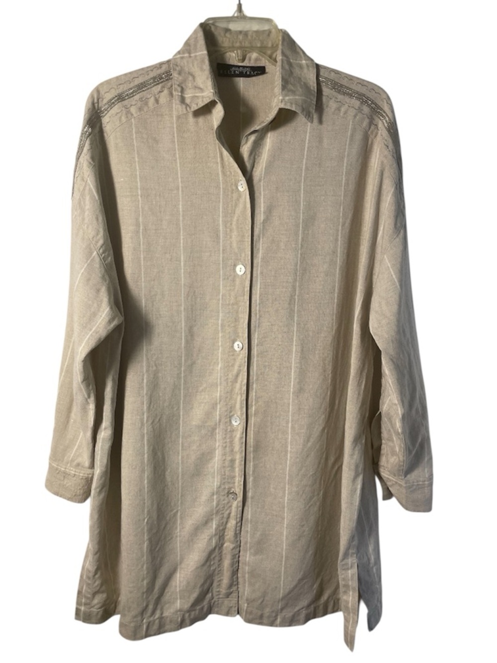 Linda Allard Ellen Tracy Linen Lagenlook Tunic Dress Striped Embroidered -Small